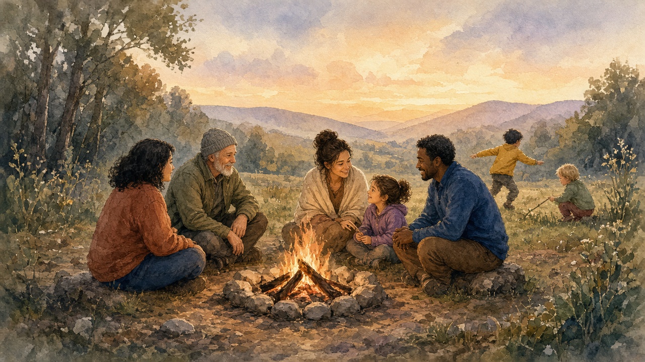 Adults conversing around a campfire while kids play nearby in nature — warm unhurried presence