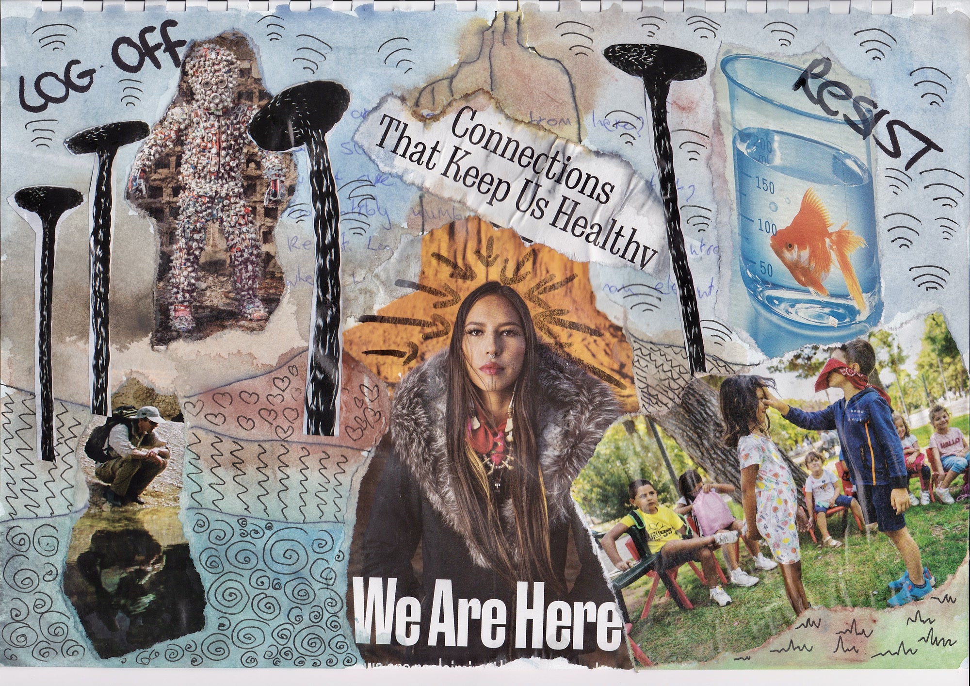 Handmade collage of community, children playing outdoors, and a quiet pause by the water